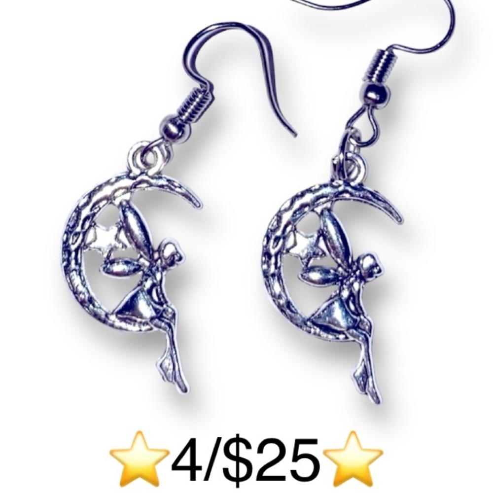 Fairy on Crescent Moon Silver Dangling Earrings